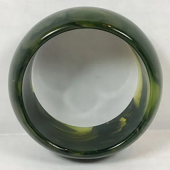 Wide Chunky Glossy Green Marbled Resin Bangle Fashion Statement Bracelet 9" - Picture 9 of 14